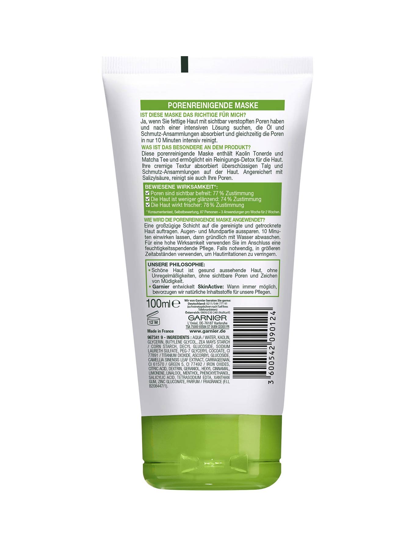 Porenreinigende-Maske-Hautklar-Matcha-Detox-100ml-Rueckseite-Garnier-Deutschland-gr